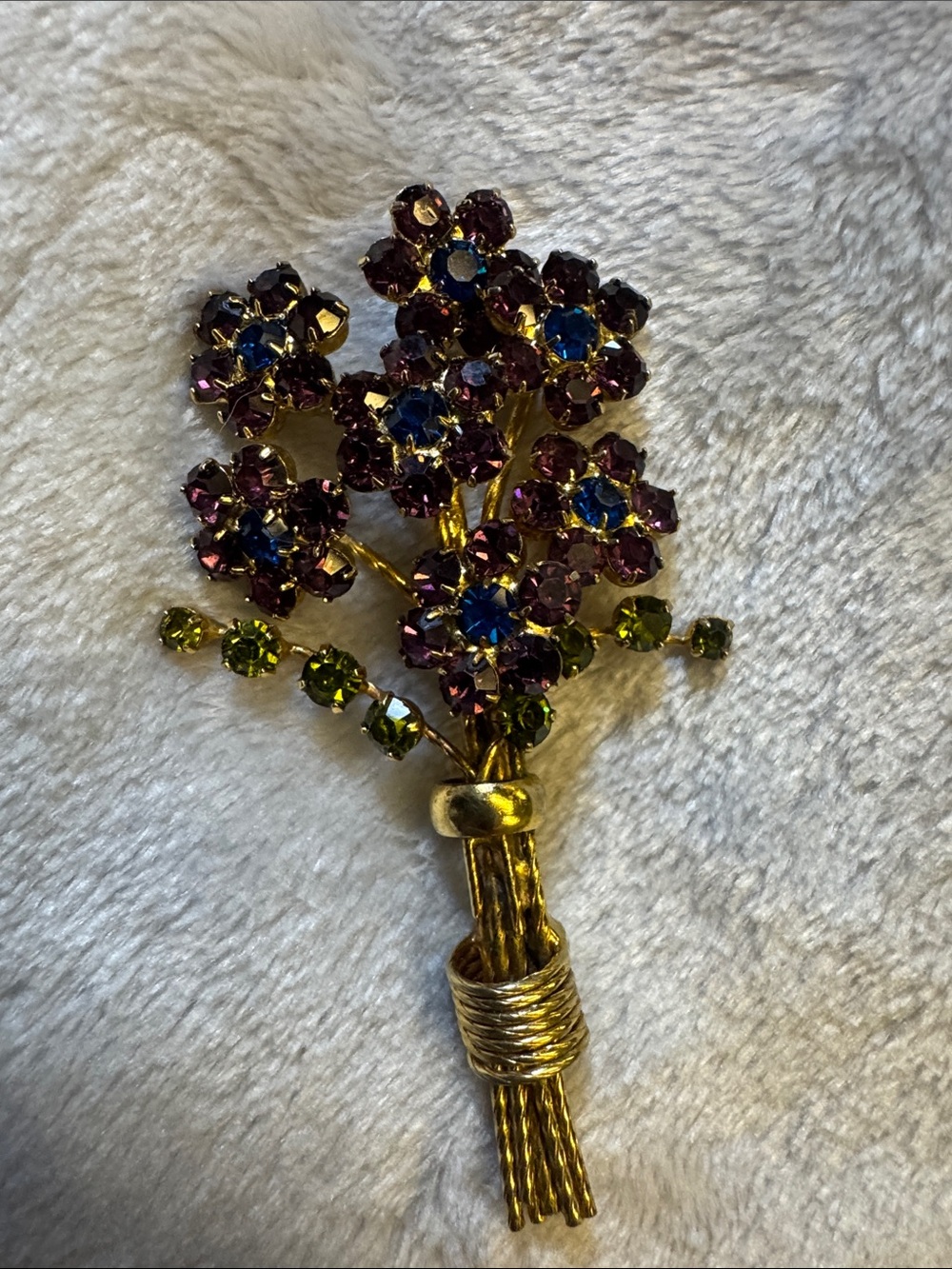 Napier 1960’s Gold-Tone Floral Crystal Bouquet Brooch - Purple, Blue & Green